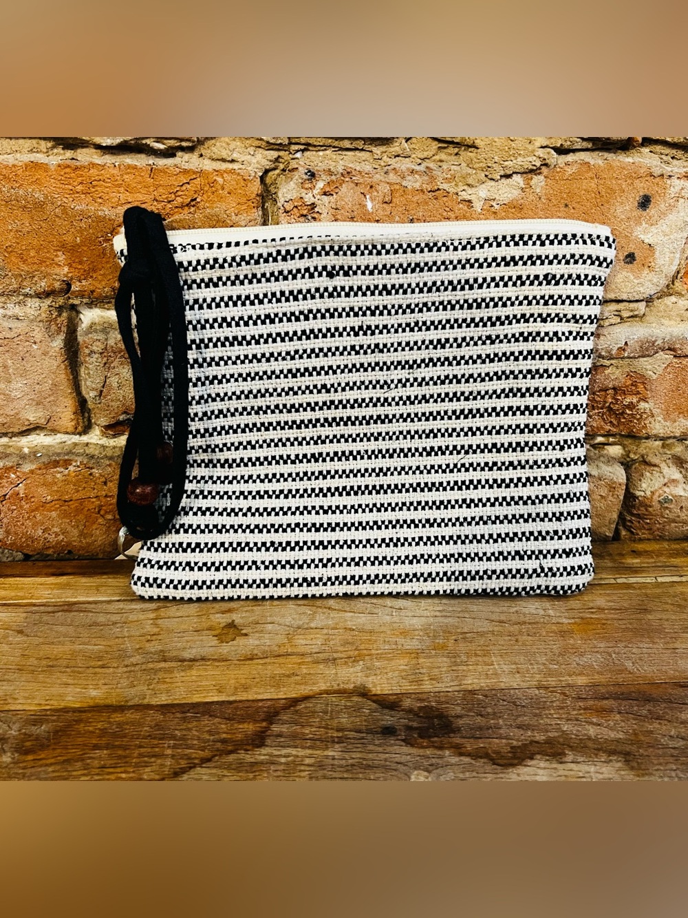 Woven Black & White Stripe Wristlet Clutch - Classic Neutral